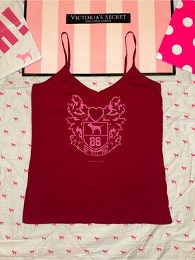 VS PINK VINTAGE Y2K CAMI TANK TOP RED & PINK CREST HEART DOG PUP 86 LOGO RARE LG